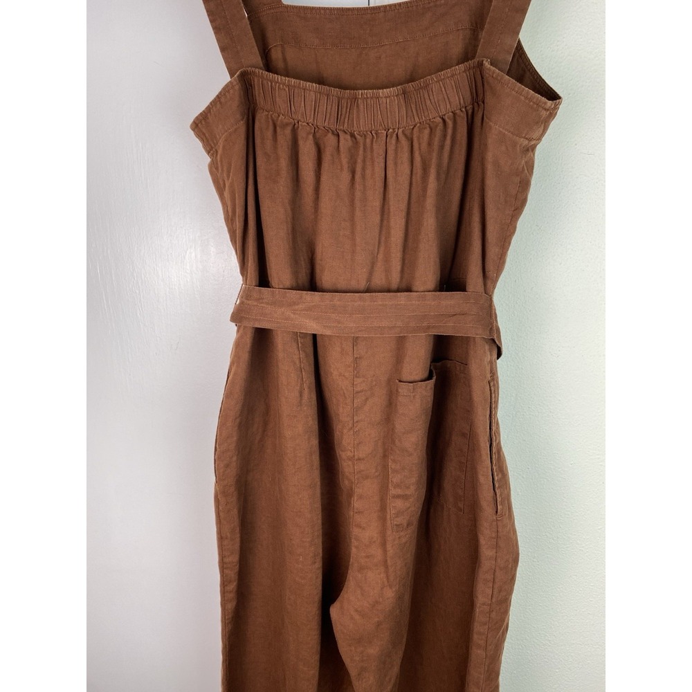 Quince Women's L Chocolate Brown European Linen Square Neck Belted Jumpsuit - Picture 7 of 10